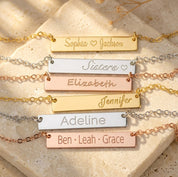 Custom engraved bar necklace in gold with personalized name minimalist nameplate necklace