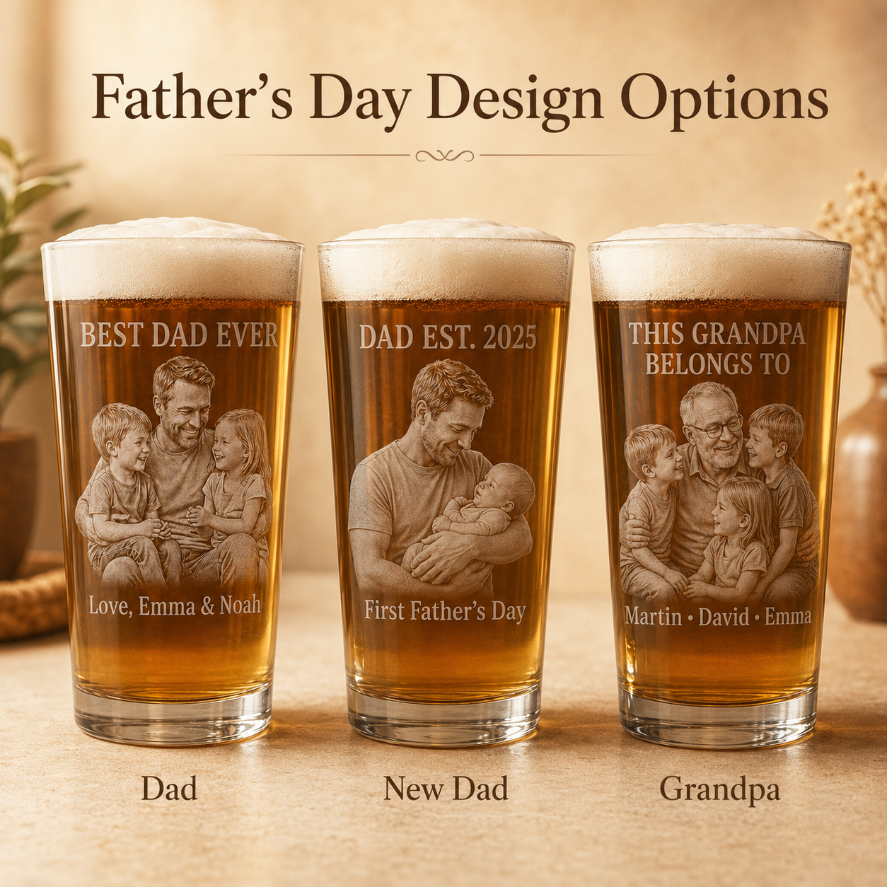 Father’s Day beer glass design options for Dad, New Dad, and Grandpa with custom photo engraving.