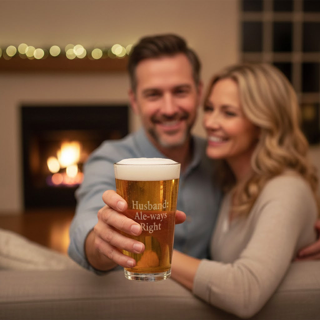 Personalized beer glass gift for boyfriend or husband, custom engraved pint glass for Christmas, etched barware holiday gift idea for men who love craft beer or home bar accessories.