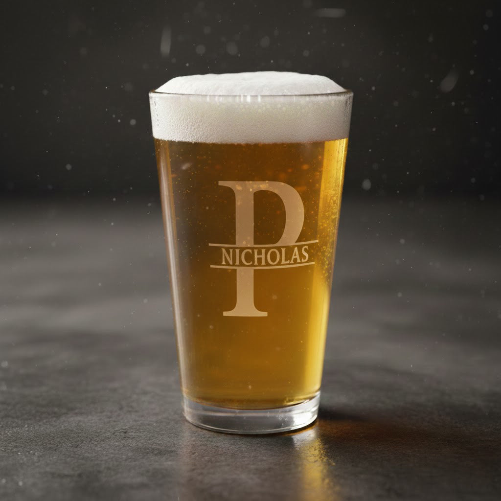 Engraved beer glasses with custom initials, personalized pint glass set for groomsmen or craft beer lovers, etched barware for home bar, unique gift for men who enjoy beer tasting.