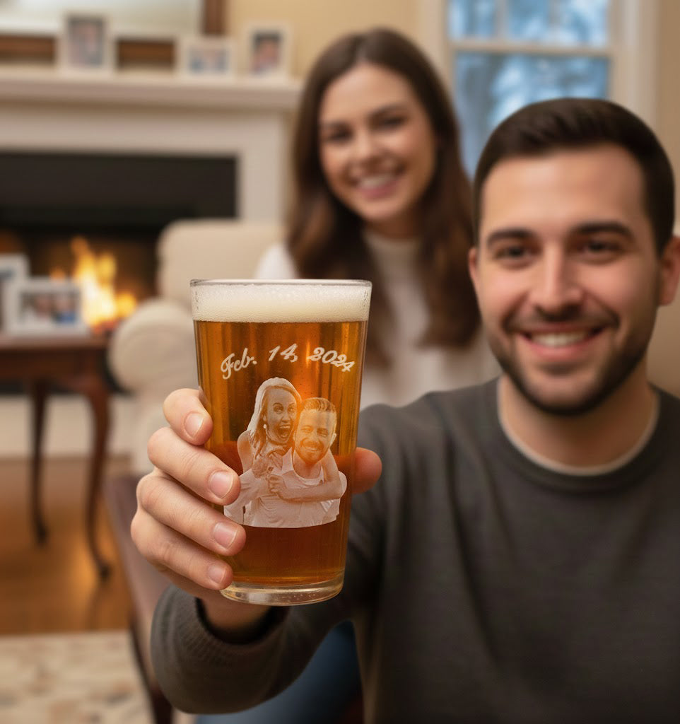 Custom engraved pint glass with name and design, personalized beer glass gift for boyfriend or husband, etched barware for couples, anniversary or Christmas gift for beer lovers.