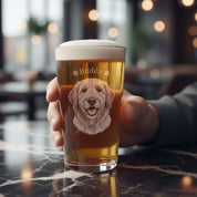 Custom dog portrait beer glass, personalized etched pint glass with pet engraving, unique gift for dog dads, pet lovers, craft beer drinkers, custom barware for home bar or birthday gift.
