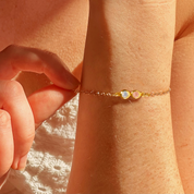 Close-up of a two birthstone bracelet being adjusted on the wrist