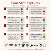 Font style options chart for custom engraved bar necklaces with birthstones and symbols.