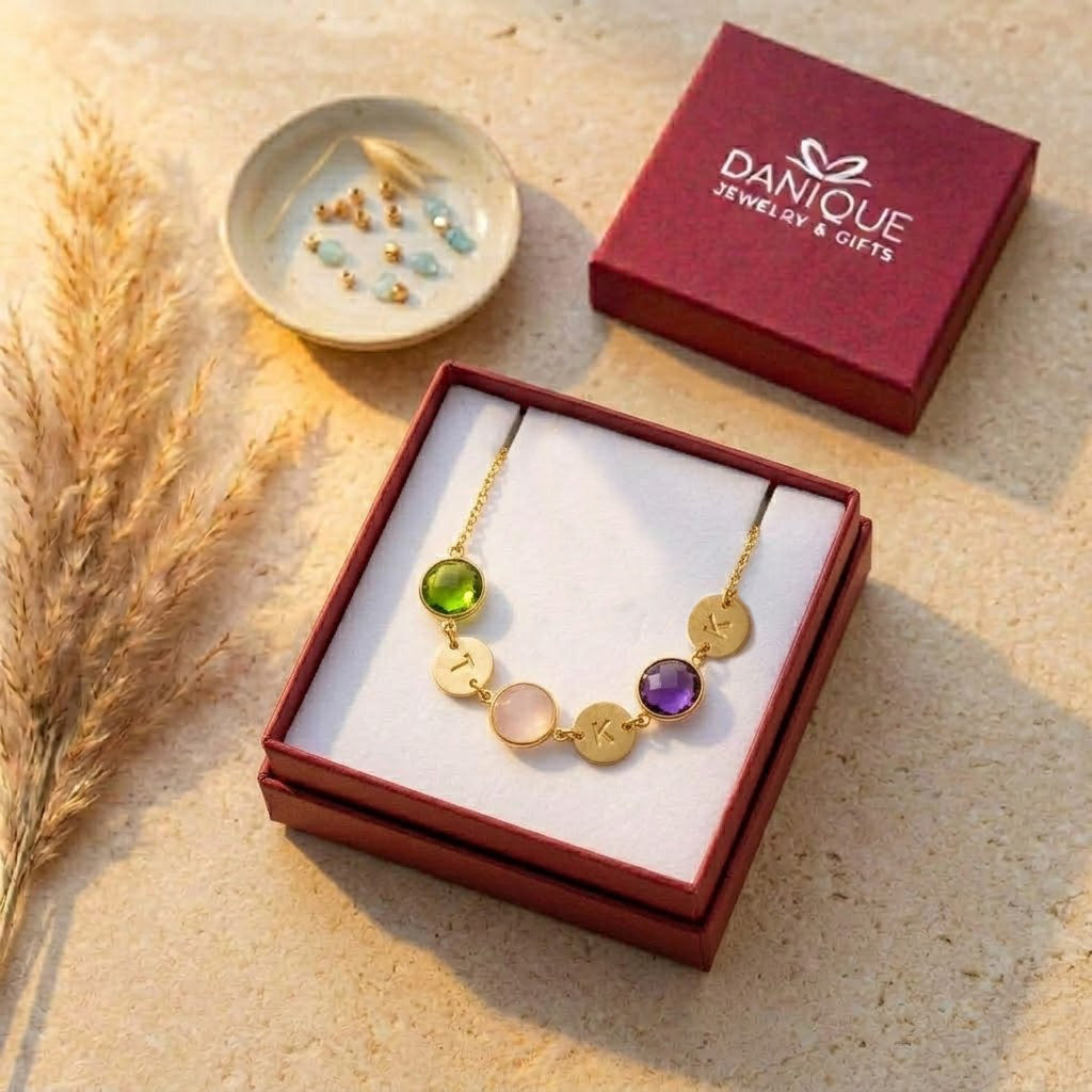 Dainty birthstone bracelet with initials for mom gold minimalist jewelry in danique jewelry branded box