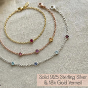 Custom birthstone bracelet shown in sterling silver, yellow gold, and rose gold finishes, featuring tiny bezel-set natural gemstones on delicate chains. Personalized family bracelet designed for moms and grandmas, offering metal options to match any style. Minimalist birthstone jewelry gift for Mother’s Day, birthday, or anniversary.