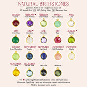 January garnet, February amethyst, March aquamarine, April diamond, May emerald. Family tree birthstone chart for custom grandma and mom jewelry gifts.