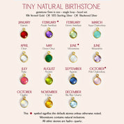 Tiny natural birthstone chart featuring 12 gemstone options for personalized jewelry, including garnet for January, purple or green amethyst for February, aqua chalcedony for March, clear quartz for April, green onyx for May, moonstone or alexandrite for June, ruby for July, peridot for August, kyanite for September, pink chalcedony or opalite for October, citrine for November, and sky blue quartz for December. Gemstones are bezel set in sterling silver, 18k gold vermeil, or rose gold, ideal for custom neck