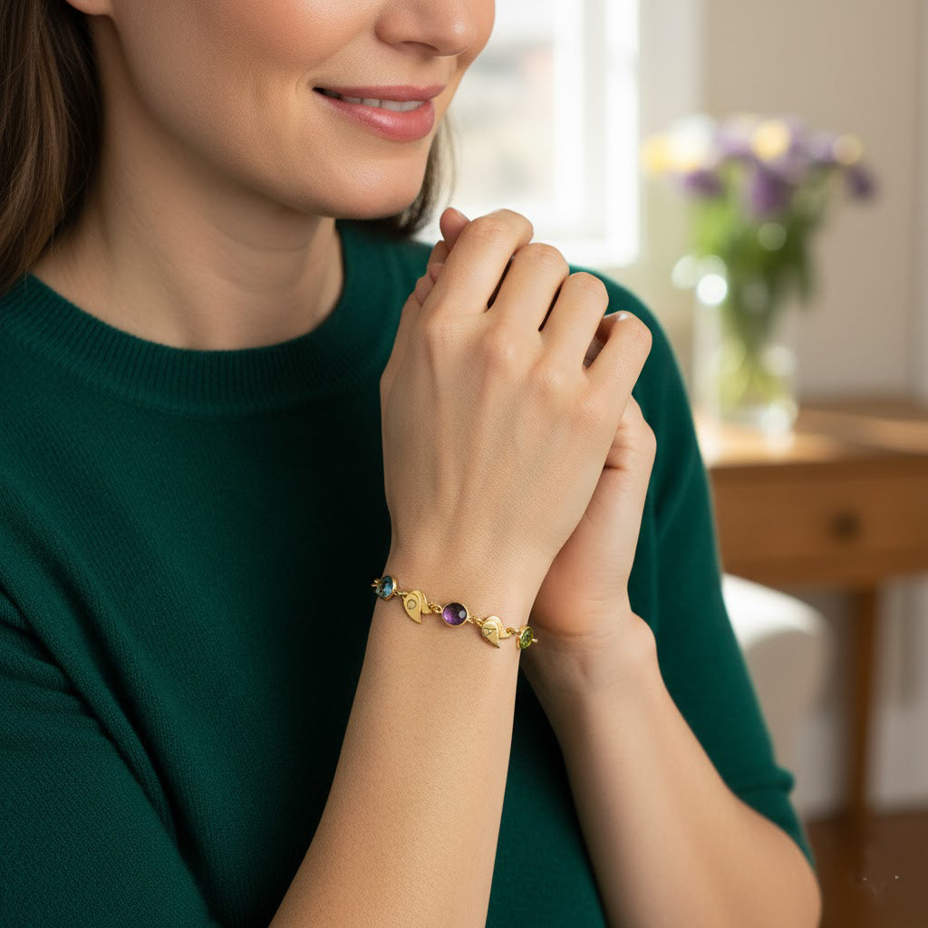 Personalized Bracelet with Birthstones & Leaf Charms
