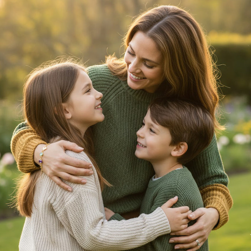 Mother with children wearing personalized birthstone and initial charm bracelet, meaningful gift for mom