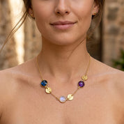 Mom necklace with custom birthstones and initial charms in gold on beige background