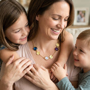 Woman wearing mom necklace with custom birthstones and initials