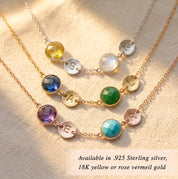 Mother wearing personalized family birthstone necklace with children in rose gold, yellow gold or sterling silver