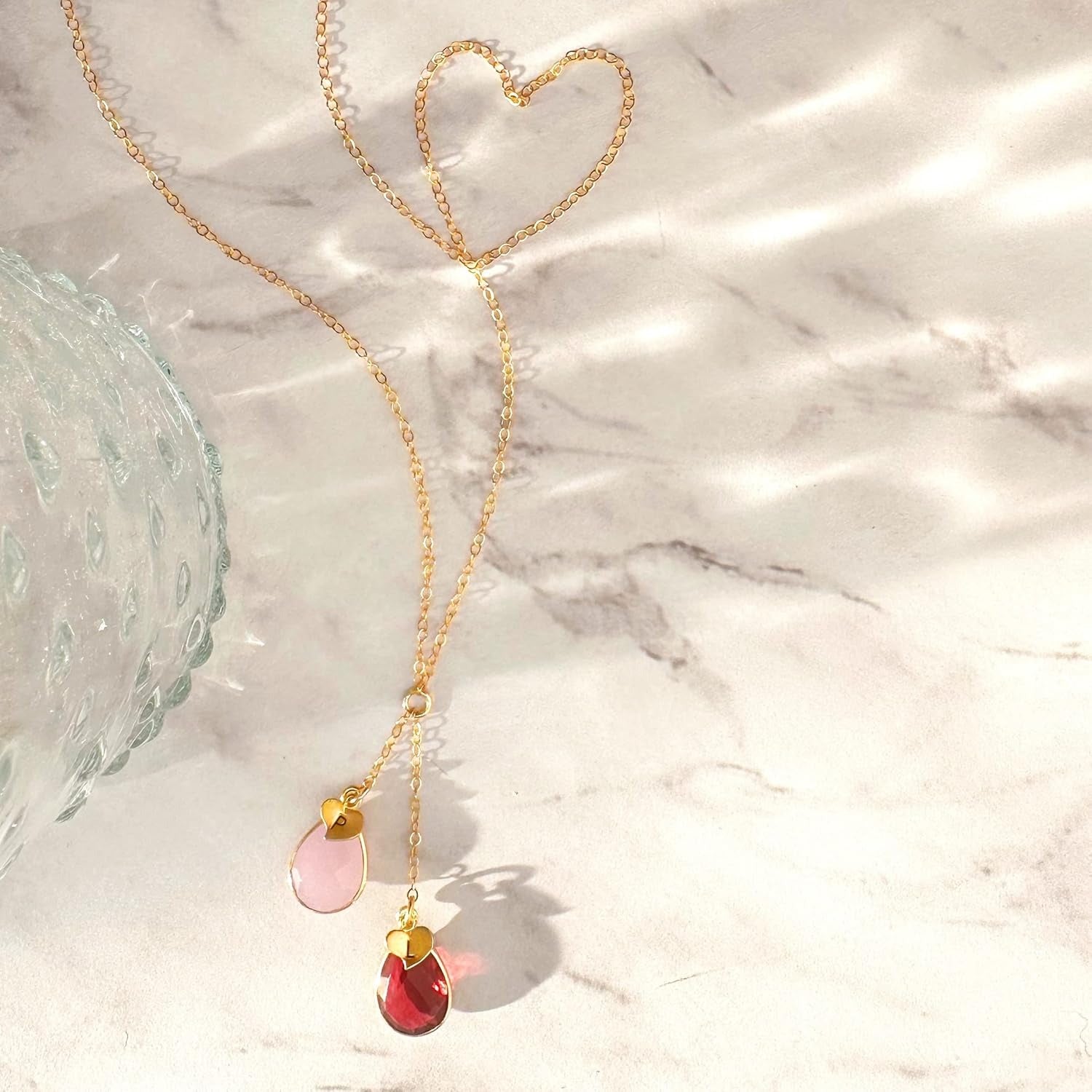 Gold lariat necklace with pink chalcedony and garnet birthstones. October birthstone, january birthstone, october birthstone necklace, jewelry gift, necklace gift for her, anniversary gift, christmas gift, valentine's day gift, wedding jewelry, bridesmaid's jewelry, gift for mom, gift for wife, gift for girlfriend, gift for grandma, mother's day gift