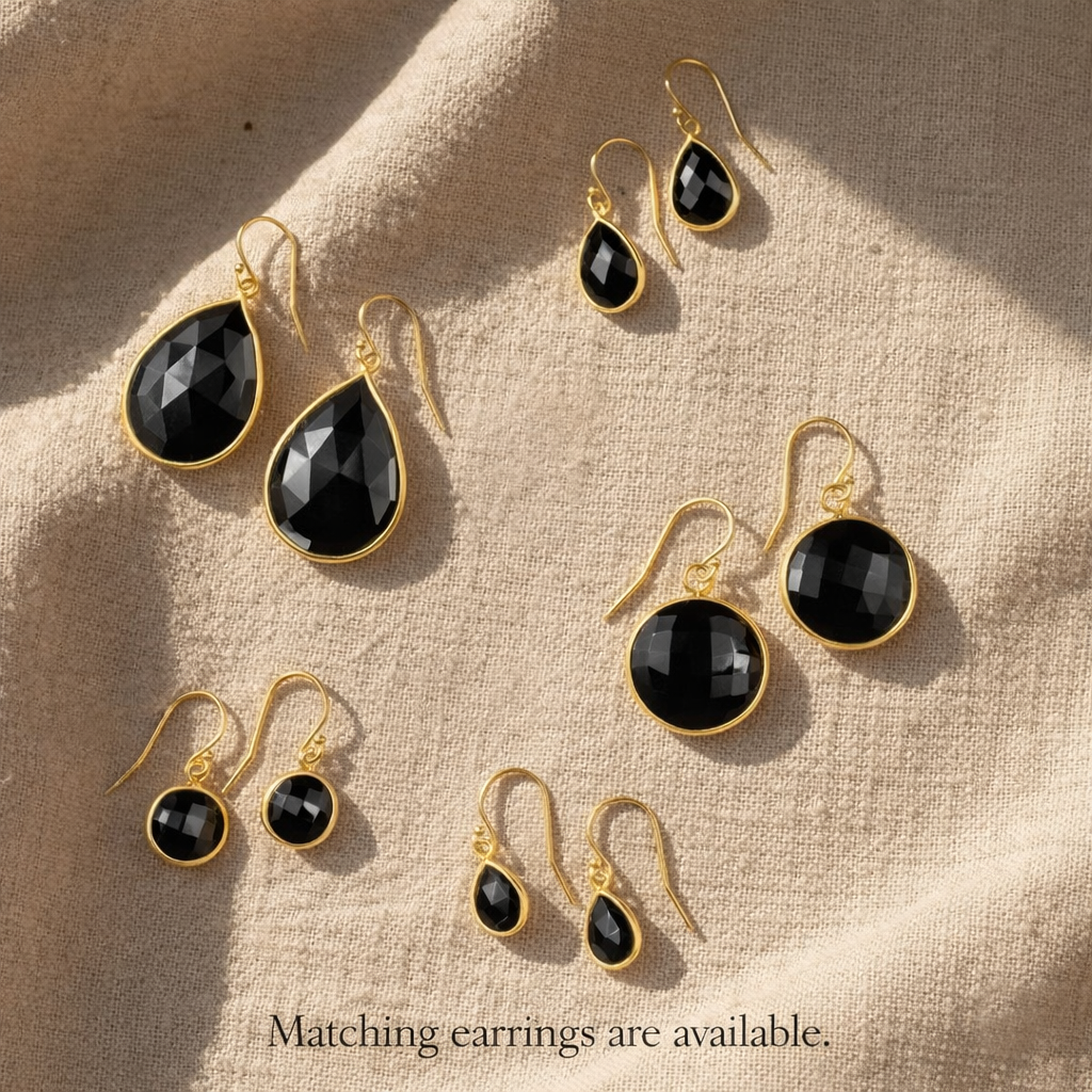 Matching black onyx earrings available with necklace set, gold vermeil black gemstone earrings and pendant jewelry for women, teardrop and round onyx earring styles, minimalist black stone jewelry set, elegant gift for her, coordinating gemstone jewelry for weddings, anniversaries, bridesmaids, birthdays, and everyday luxury styling