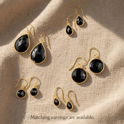 Matching black onyx earrings available with necklace set, gold vermeil black gemstone earrings and pendant jewelry for women, teardrop and round onyx earring styles, minimalist black stone jewelry set, elegant gift for her, coordinating gemstone jewelry for weddings, anniversaries, bridesmaids, birthdays, and everyday luxury styling