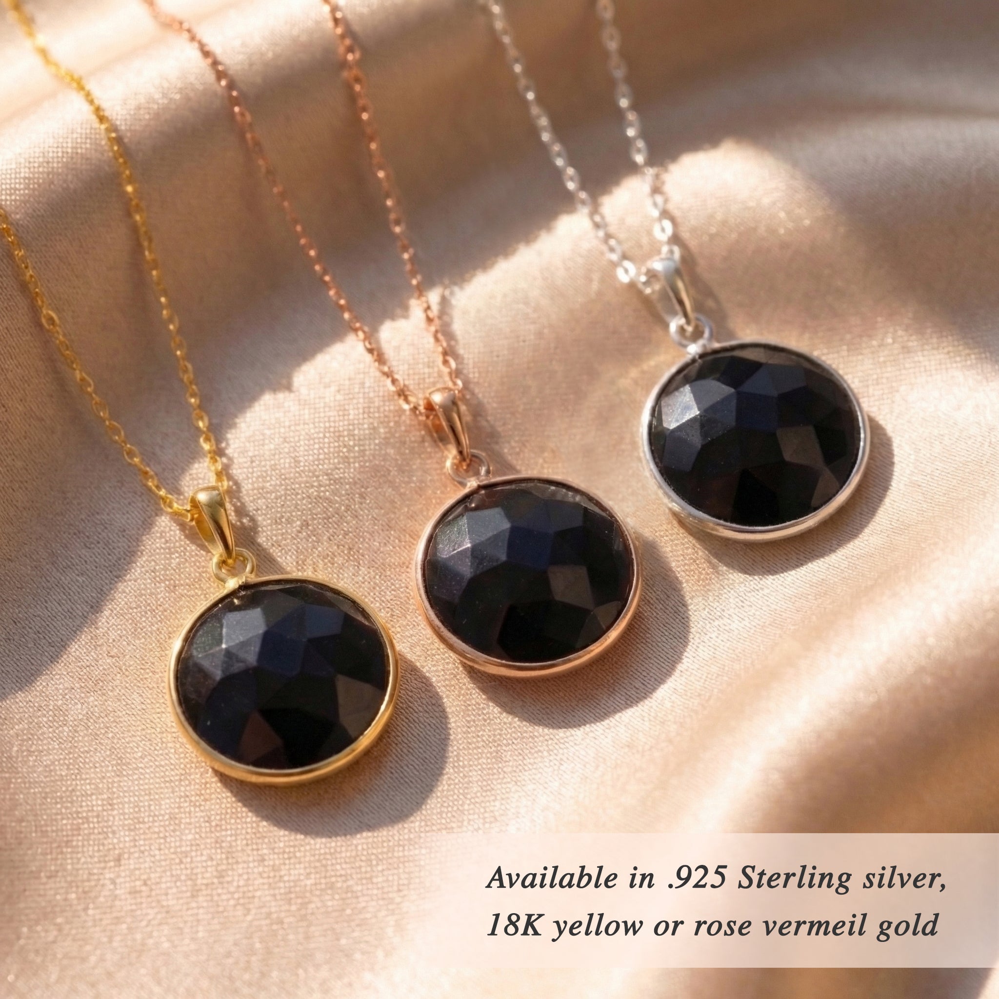 Black onyx necklace available in sterling silver yellow gold and rose gold, round black gemstone pendant necklace for women, minimalist onyx jewelry, dainty black stone necklace, elegant everyday pendant, gift for her, classic gemstone necklace with modern styling, stackable necklace option in multiple metal finishes for versatile wardrobe and jewelry layering