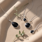 Black onyx pendant necklace style options with round and teardrop shapes, dainty black gemstone necklaces for women, minimalist gold vermeil onyx jewelry, elegant black stone pendant collection, gift for her, layering necklace styles, modern fine jewelry look, timeless black pendant necklaces in multiple sizes for everyday wear or special occasion styling