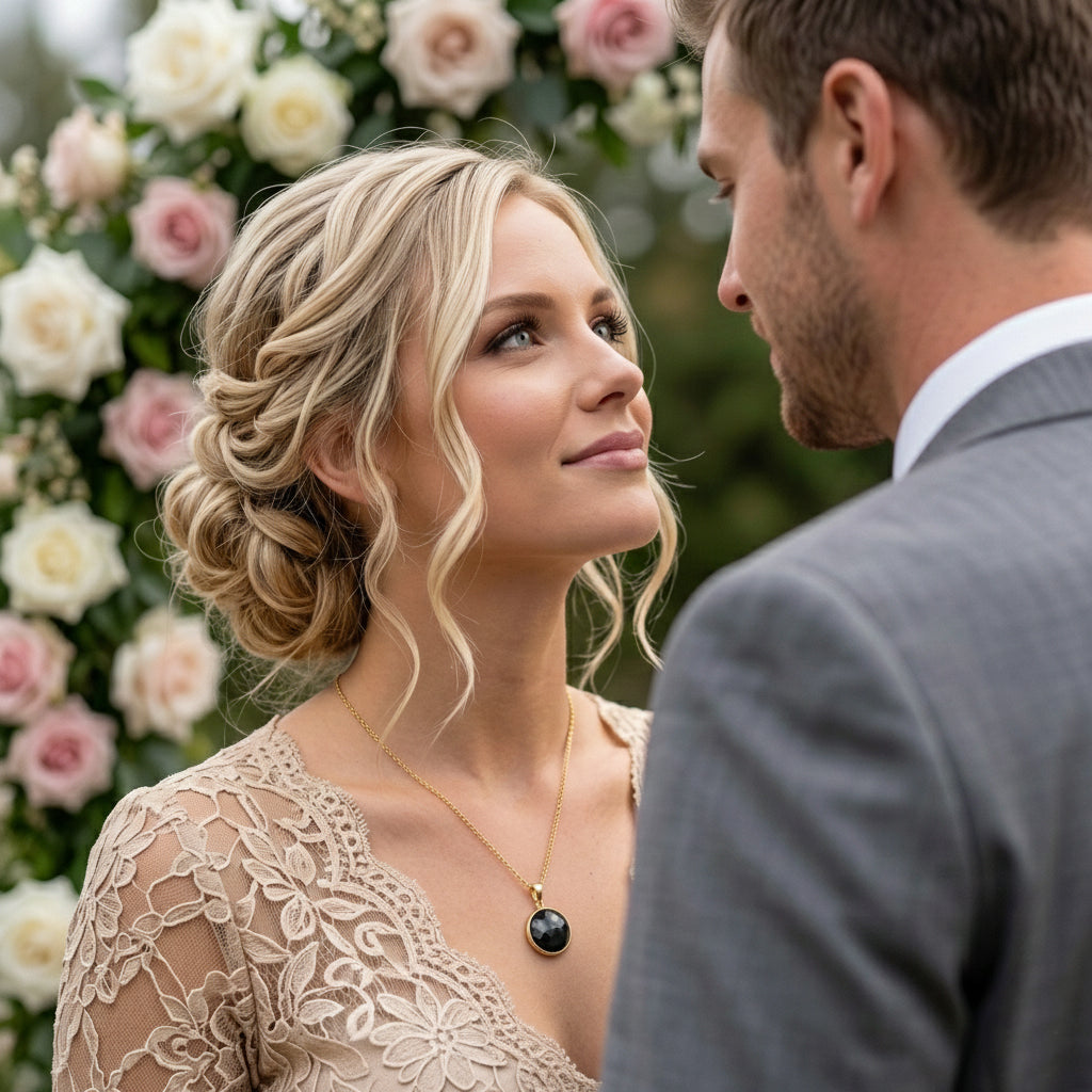 Bride wearing black onyx pendant necklace, elegant black gemstone jewelry for wedding guest or bridal look, dainty gold vermeil onyx necklace for women, minimalist black stone necklace, refined bridal jewelry, anniversary gift, formal occasion necklace, timeless black pendant for romantic styling and meaningful special event jewelry