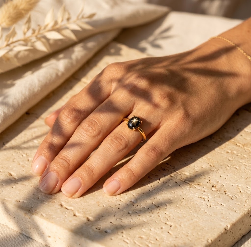 Dainty oval gemstone stacking rings in warm gold vermeil on woman's hand