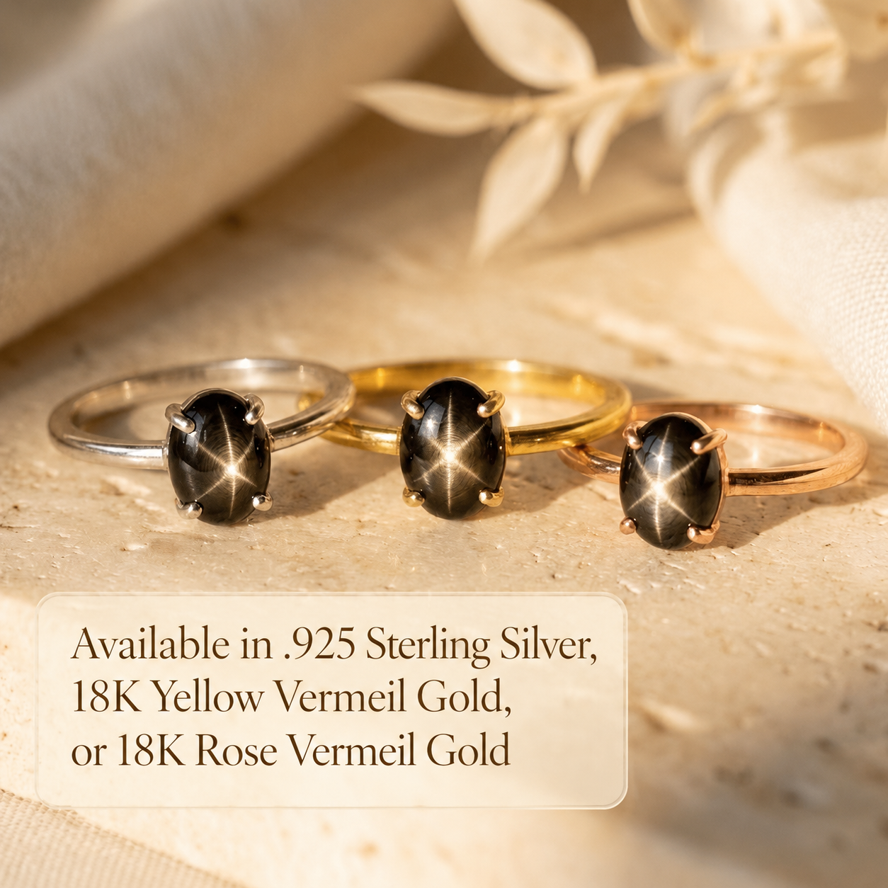 Black Star Sapphire rings in sterling silver, yellow gold and rose gold vermeil