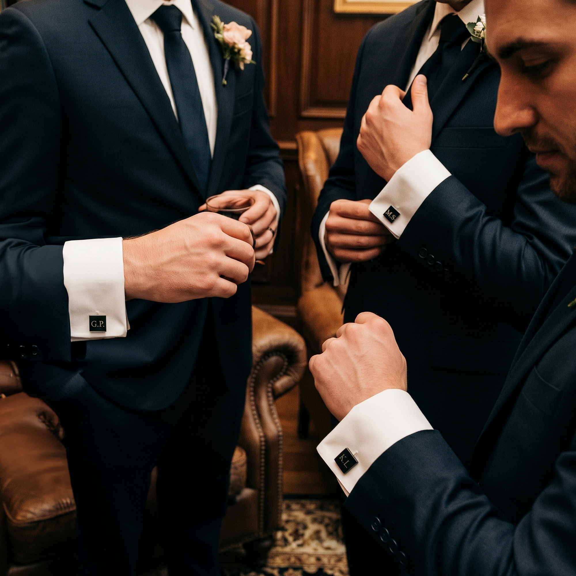 Three men adjusting their suits with focus on cufflinks in a formal setting.