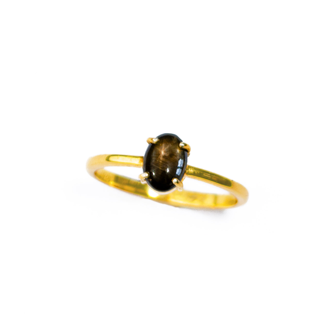 Black Star Sapphire Cabochon Oval Prong Set Ring, 925 Silver, 18k