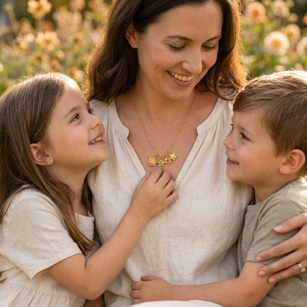 Mother and children wearing custom birthstone flower necklace, meaningful family jewelry gift with personalized flower charms.