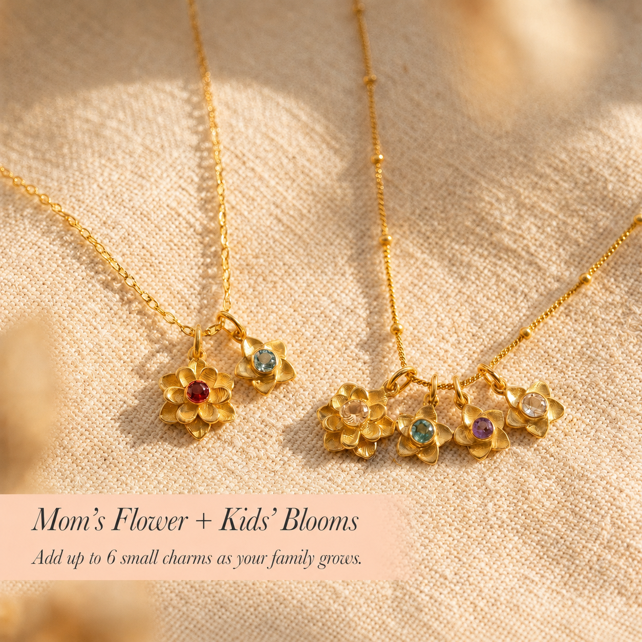 Mom’s flower and kids’ blooms necklace showing large flower charm for mother and up to six small child flower charms.