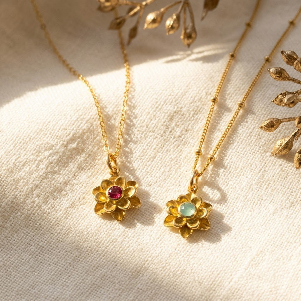Custom flower pendant necklace with faceted birthstone in gold, dainty floral necklace for everyday wear or meaningful gifting
