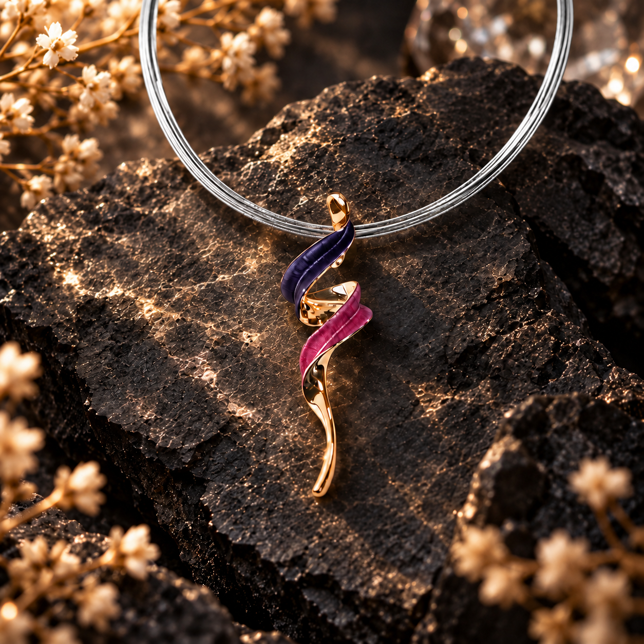 Boho spiral pendant necklace with purple pink and rose gold details on dark textured stone

