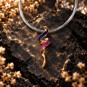 Boho spiral pendant necklace with purple pink and rose gold details on dark textured stone
