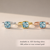 blue topaz cushion cut rings in sterling silver, yellow gold vermeil and rose gold vermeil, minimalist gemstone ring collection