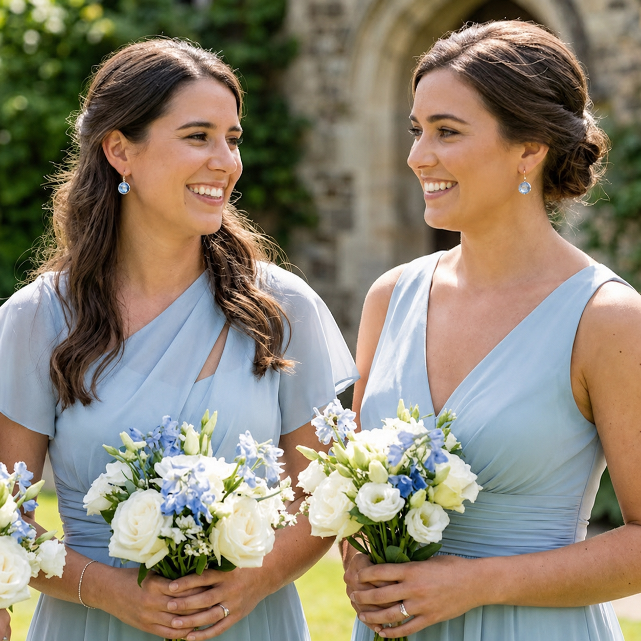 Two bridesmaids wearing matching blue topaz drop earrings with pale blue dresses and bouquets.