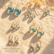 Blue topaz earrings displayed in sterling silver, yellow gold, and rose gold finishes.