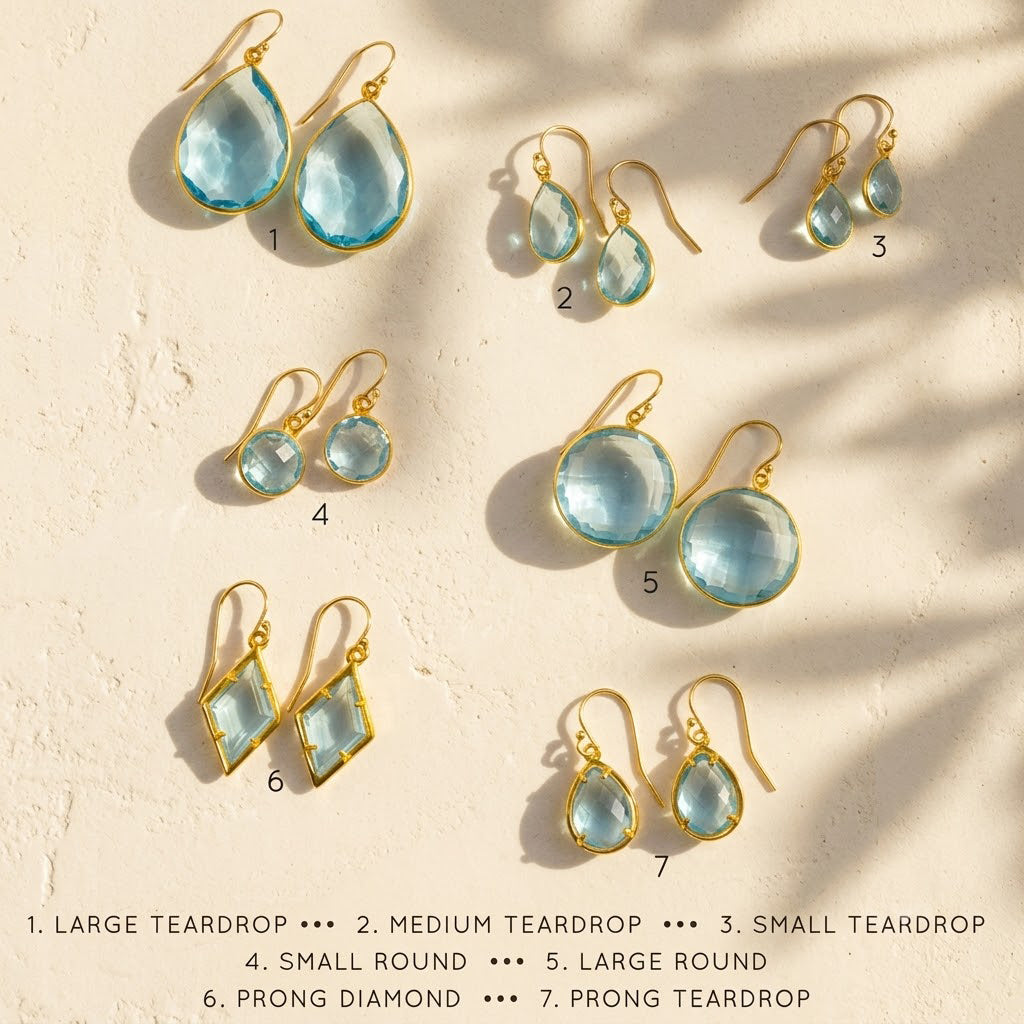 Blue topaz earring style guide showing seven teardrop, round, diamond, and prong-set options.