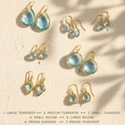Blue topaz earring style guide showing seven teardrop, round, diamond, and prong-set options.