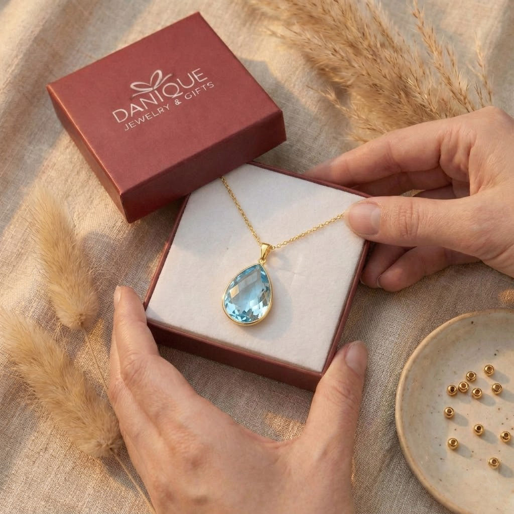 Blue topaz necklace in gift box, December birthstone pendant jewelry ready for gifting