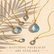 Matching blue topaz necklaces in round, teardrop, and diamond gemstone shapes.