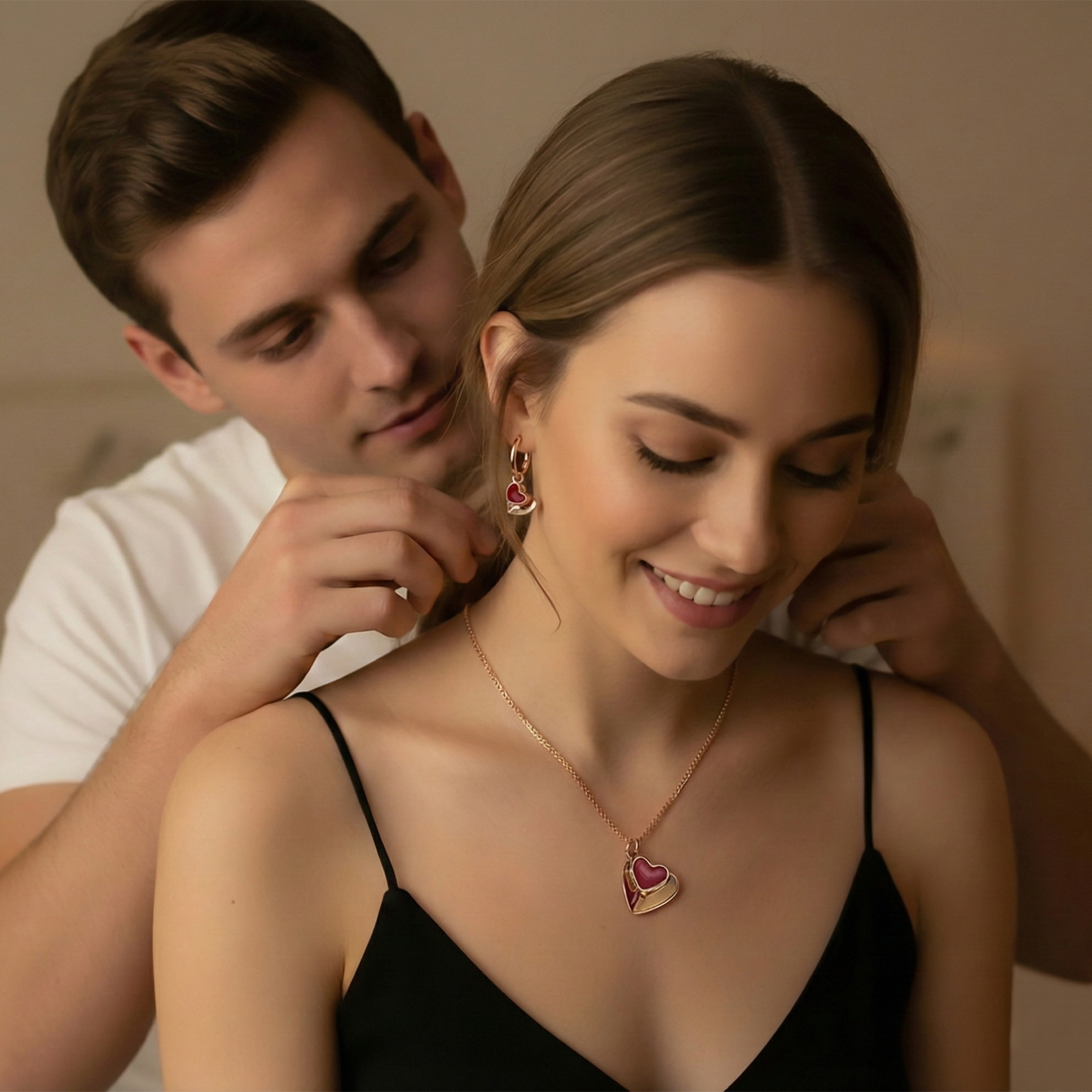 Boho Endless Romance Jewelry Set, Double Heart Charm Rose Gold Statement Jewelry, Red Love Hearts Gift Set, Rose Gold Heart Gift for Girlfriend Couple