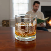 Custom city skyline whiskey glass featuring Boston engraving, personalized etched rocks glass for travelers, city lovers, or whiskey enthusiasts, unique barware gift for him.