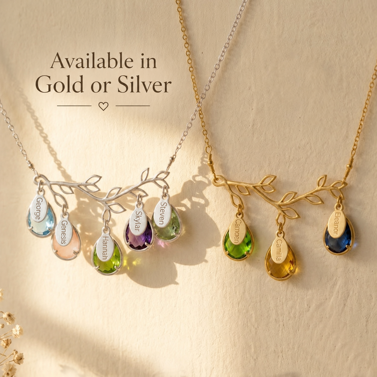 Family tree birthstone necklaces shown with multiple colorful teardrop gemstones in gold and sterling silver.
