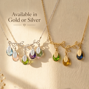 Family tree birthstone necklaces shown with multiple colorful teardrop gemstones in gold and sterling silver.
