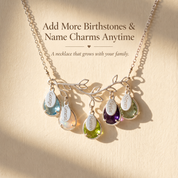 Personalized family tree necklace with multiple birthstones and name charms showing that more family charms can be added later.