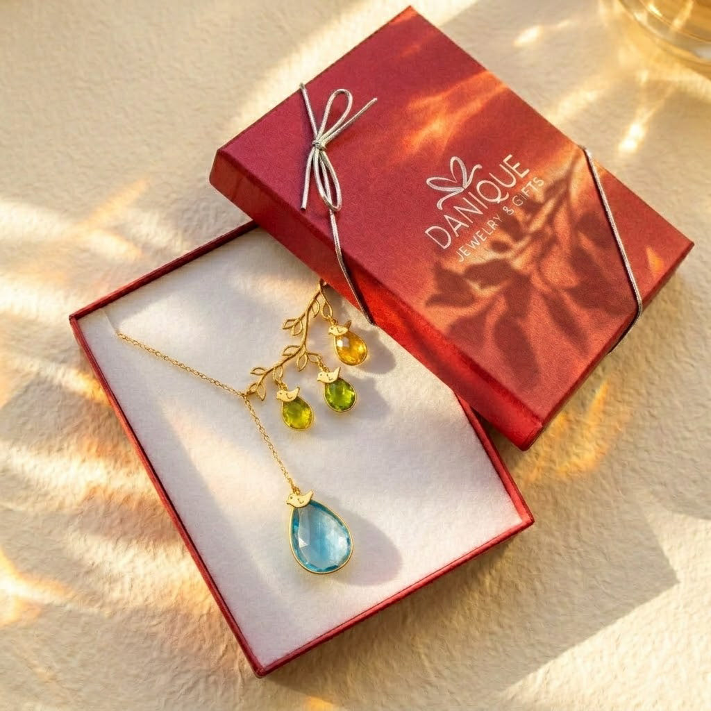 multi stone birthstone necklace for mom meaningful jewelry gift shown in Danique Jewelry branded box
