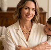 Mom wearing personalized double branch family birthstone necklace
