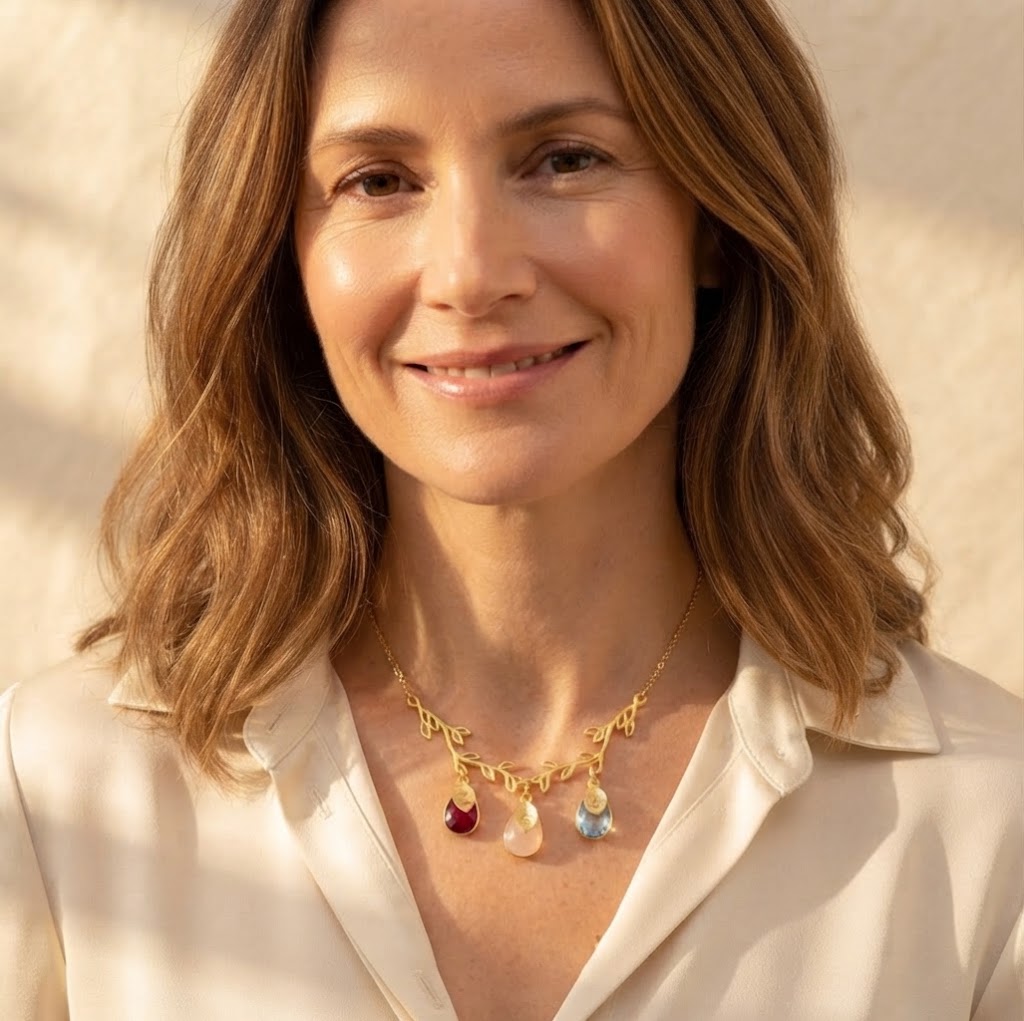 Woman wearing gold double branch birthstone family necklace

