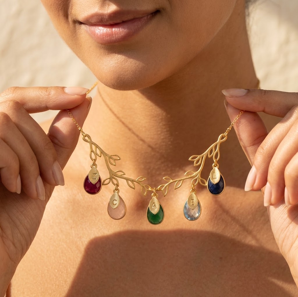 Personalized family tree birthstone necklace with double branches and letter charms
