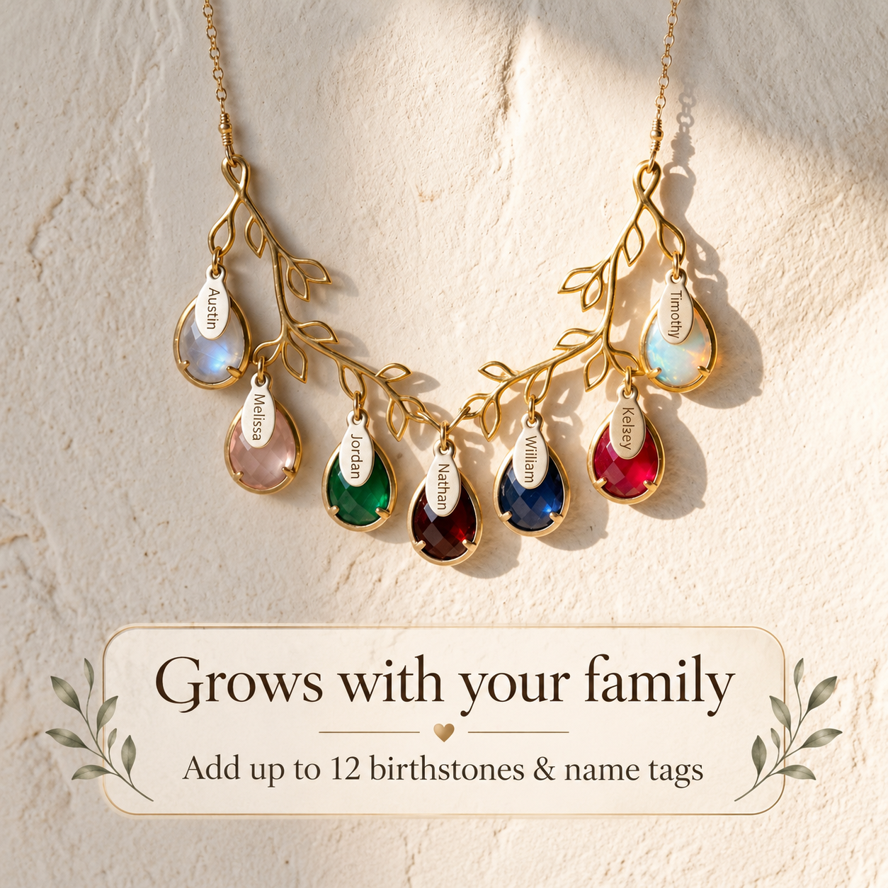 Oval engraved name charm options for personalized family birthstone necklaces in gold and sterling silver.
