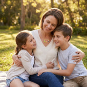 4. Family lifestyle
Mother wearing a personalized family birthstone necklace while sitting with her children